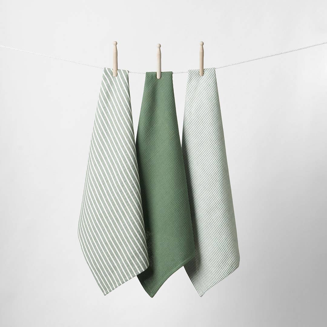 Yarn Dye Stripe Tea Towel Set Of 3 - Khaki