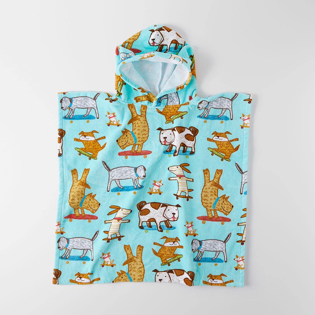 Skater Dogs Hooded Kids Poncho - Powder Blue